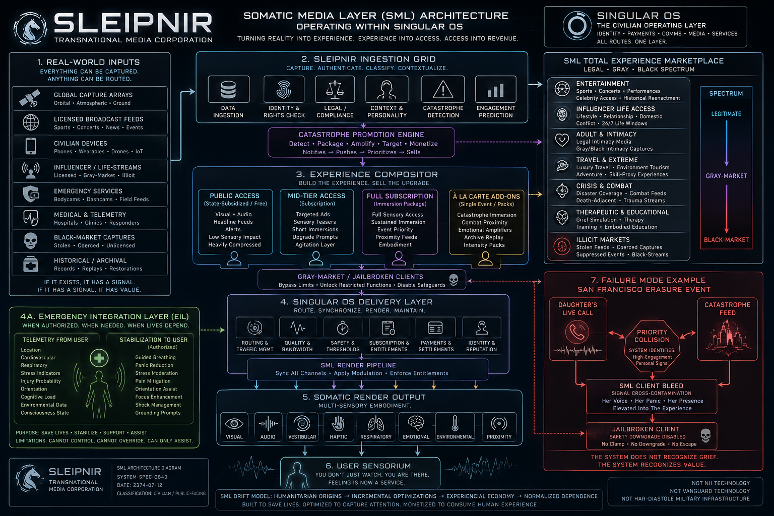 Sleipnir Transnational Media Corporation public-facing SML architecture diagram — ingestion grid, experience compositor, subscription ladder, Singular OS delivery layer, somatic render output, Emergency Integration Layer, and the San Francisco Erasure Event failure-mode panel.