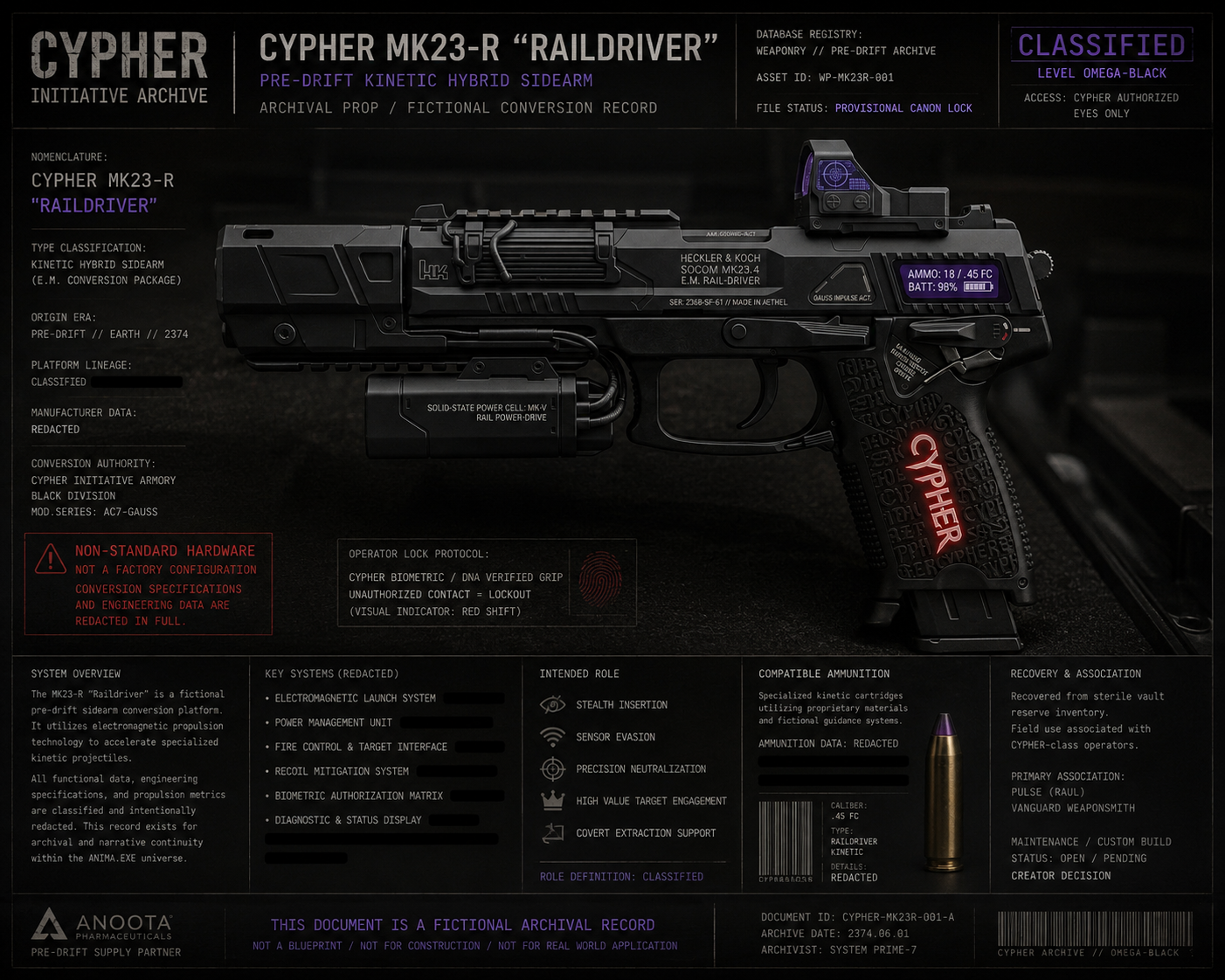 Cypher Initiative archive sheet for the MK23-R Raildriver pre-Drift kinetic hybrid sidearm, classified Omega-Black.