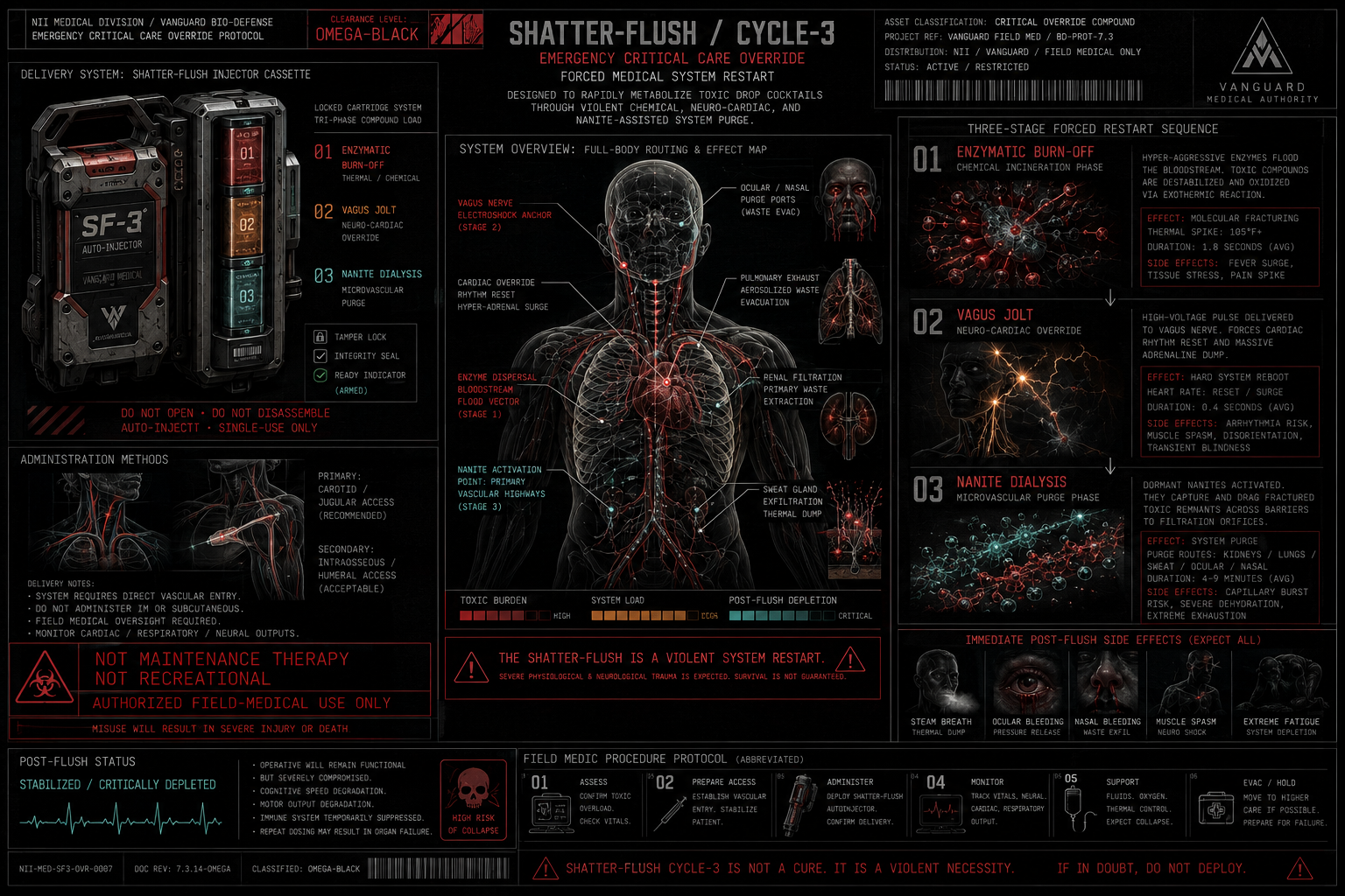 Emergency critical care override record for Shatter-Flush Cycle-3 showing staged metabolic restart diagrams.