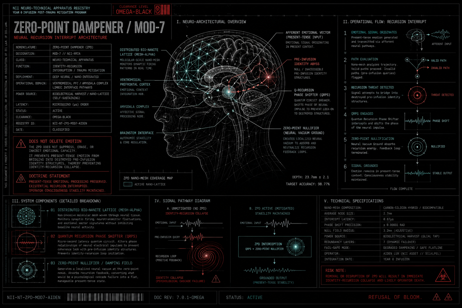 Neuro-technical apparatus registry sheet for the Zero-Point Dampener Mod-7 with annotated cranial architecture.